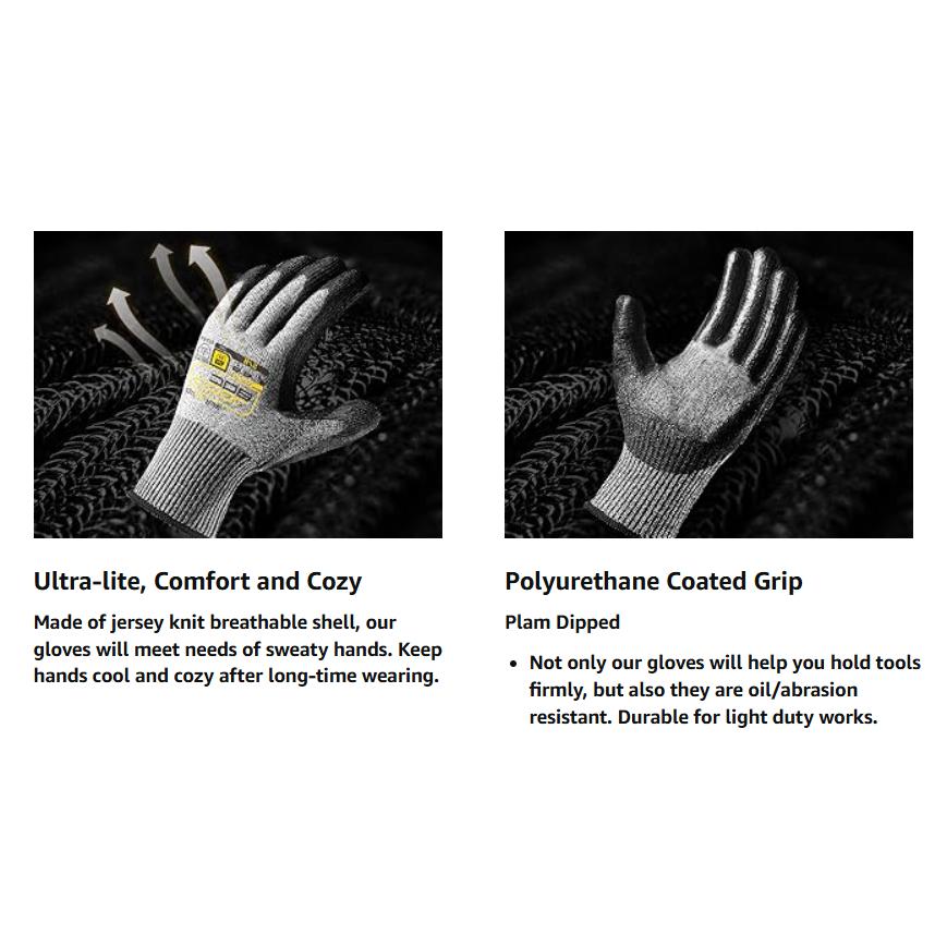 COOLJOB 12/120 Pairs A6 Cut Resistant Safety Work Gloves with Grip, Breathable Lightweight Polyurethane Coated Gloves