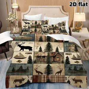 2D Flat 3Pcs Decorative Bedding Set Rustic Cabin Bedding with Deer & Boat Print, Cozy Forest Theme Duvet Cover 2 Pillowcases (No Filling) for Lodge Bedroom Decor, Great Teen Adult Room, Soft Microfiber Quilt, Nature Inspired Ensemble