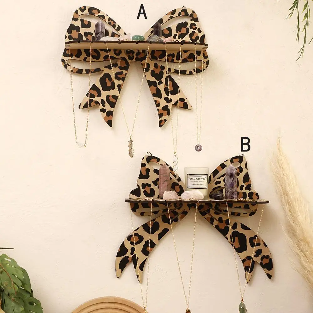 Wooden Bow Design Wall Hanging Jewelry Holder, 1 Count Leopard Print Wall Mounted Jewelry Display Rack, Wall Mounted Organizer, Home Decor, Room Accessories for Bedroom, Living Room, Vanity, Decoration