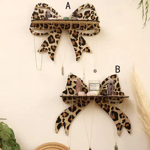 Wooden Bow Design Wall Hanging Jewelry Holder, 1 Count Leopard Print Wall Mounted Jewelry Display Rack, Wall Mounted Organizer, Home Decor, Room Accessories for Bedroom, Living Room, Vanity, Decoration