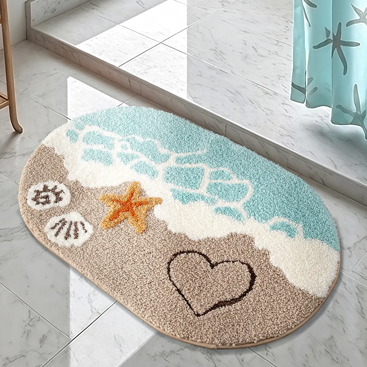 Beach & Starfish Pattern Bath Mat, Non-slip Soft Water Absorbent Bathroom Mat, Comfortable Bathroom Decorative Mat for Bathroom, Shower Room, Bedroom, Home Decor, Bathroom Rug, Bathroom Floor Mat, Non Slip Mats, Water Absorbent Bathmat