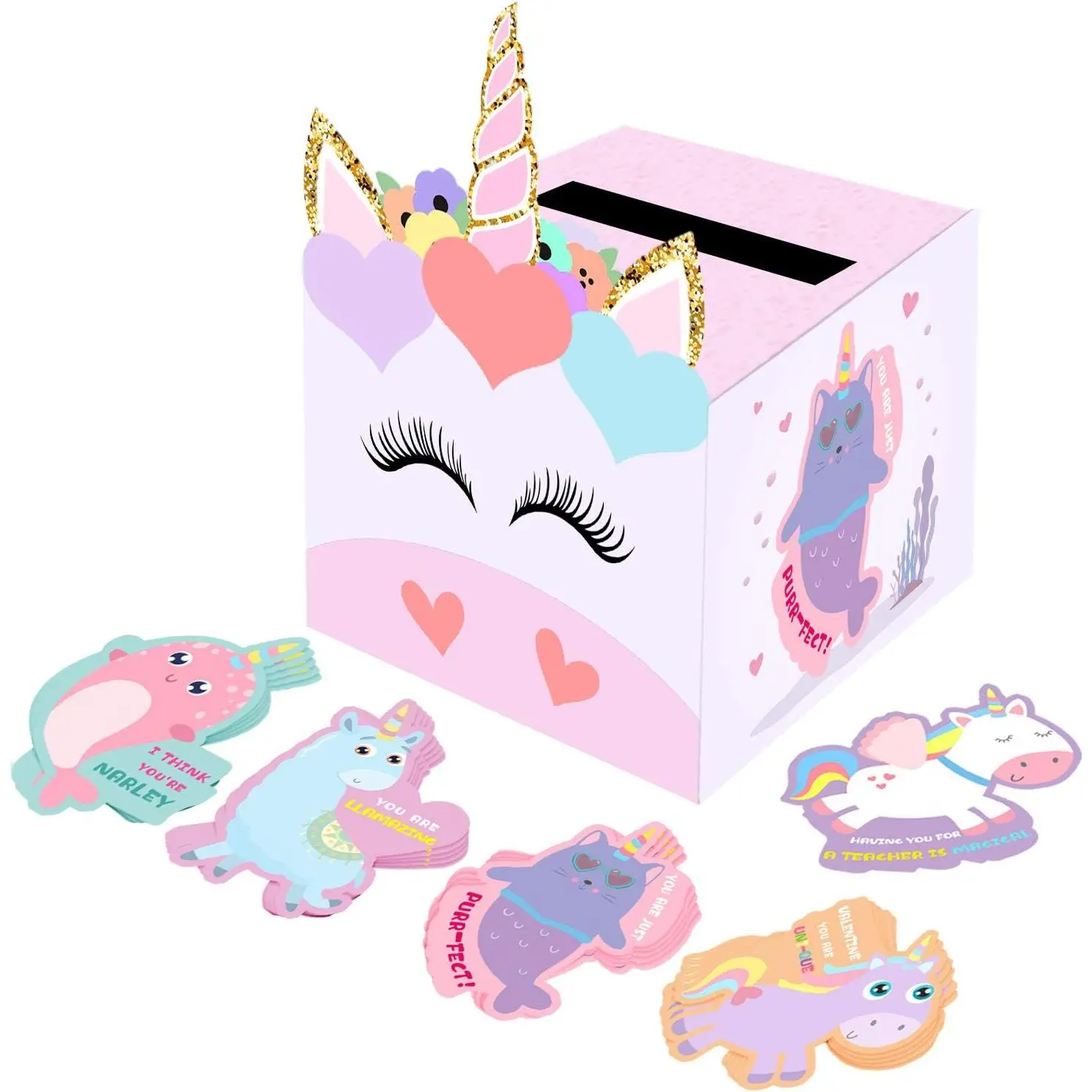 Valentine Boxes - Unicorn Valentines Day Cards for School Classroom Boys Girls Gifts Exchange & Greeting, Valentines Gift for Party Favor Sets