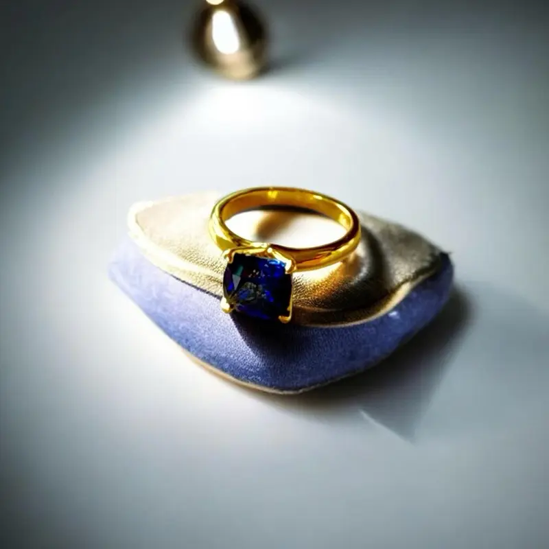 Blue Sapphire Cushion Cut 14K Gold Overlay Ring
