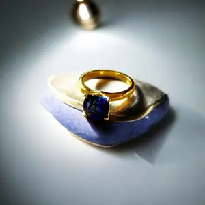 Blue Sapphire Cushion Cut 14K Gold Overlay Ring