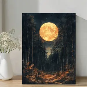 1 Piece  Moonlight Forest Canvas Art-Large Square Night Sky Printing with Golden Moon and Glowing Trees, Dark land Wall Decoration, Modern Home Decoration,  Suitable for Living Room, Bedroom, Office
