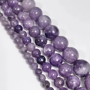 Natural Purple Lepidolite Gemstone Smooth Round Loose Beads 15.5 Inches Long AAA Quality for DIY Jewelry Making Bracelet Necklace Earrings Semi Precious Stone Spacer beads Designed Crafts