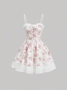 Women'S Printed Floral Patchwork Spaghetti Strap Dress