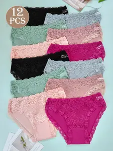 12 pieces of elegant women's panties with mixed colors, breathable and comfortable, lace floral patchwork design, versatile for daily use, elegant temperament, S-L.