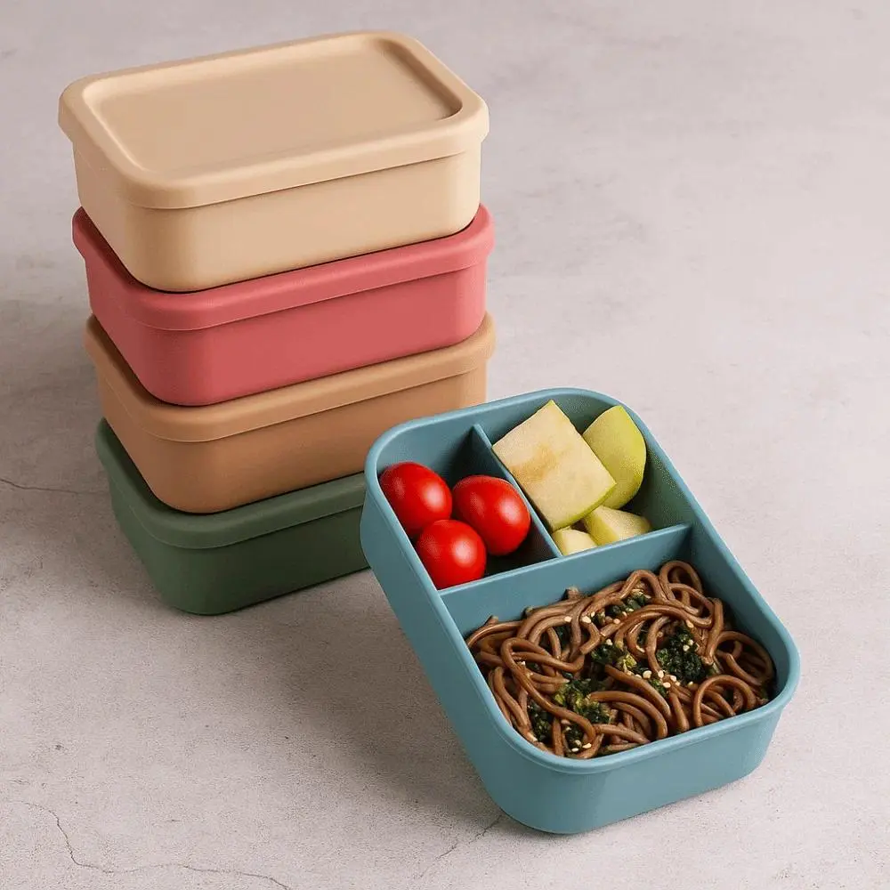 3-Compartment Silicone Rectangular Lunch Box, Heat-Resistant Tableware, Microwave-Safe Meal Prep & Storage Container, Salad Lunch Container, Rectangular Bento Box for School