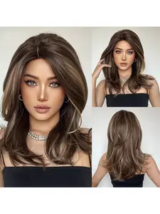 20Inch Brown Balayage Wig  Straight Chemical Fiber Hairpiece for Women Daily Wear, Parties, Mother's Day/Easter Gift Synthetic Material Wigs (Balayage highlights, Easy to Style)