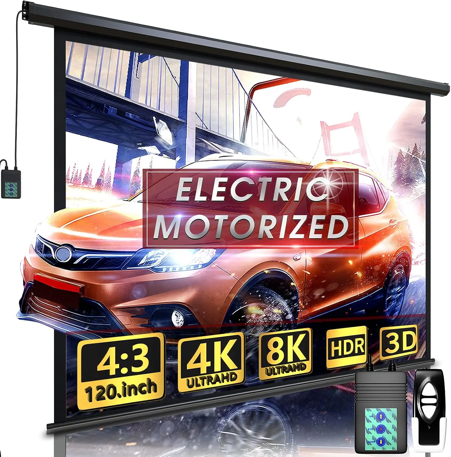 Motorized Projector Screen - Indoor and Outdoor Movies Screen Electric Projector Screen W/Remote Control,120inch,4:3