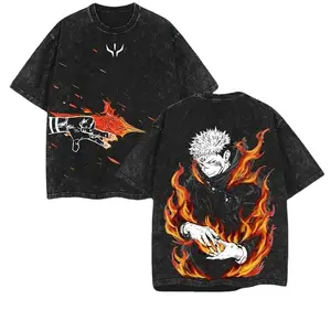 Menswear Jujutsu Kaisen Sukuna Oversized T-Shirt - Classic Vintage Acid Wash Round Neck Short-Sleeve Heavyweight Cotton Fabric, Fuga Fire Arrow Graphic, Harajuku Hip Hop Streetwear, Unisex Boyfriend Style Anime Merchandise