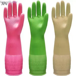 3/1 Pairs Rubber Dishwashing Gloves | 15" Long Cuff, Non-Slip Flexible Household Cleaning Gloves for Kitchen, Reusable & Durable (Red+Yellow+Green, X-Large)