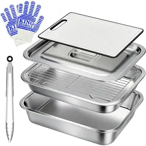 7- Grill Prep and Serving Tray Set, Stainless Steel BBQ Marinating Container with Lid,  Board, Wire Rack, Tongs & Heat Resistant Gloves, Stackable Large Meat Pan for Camping & Tailgating