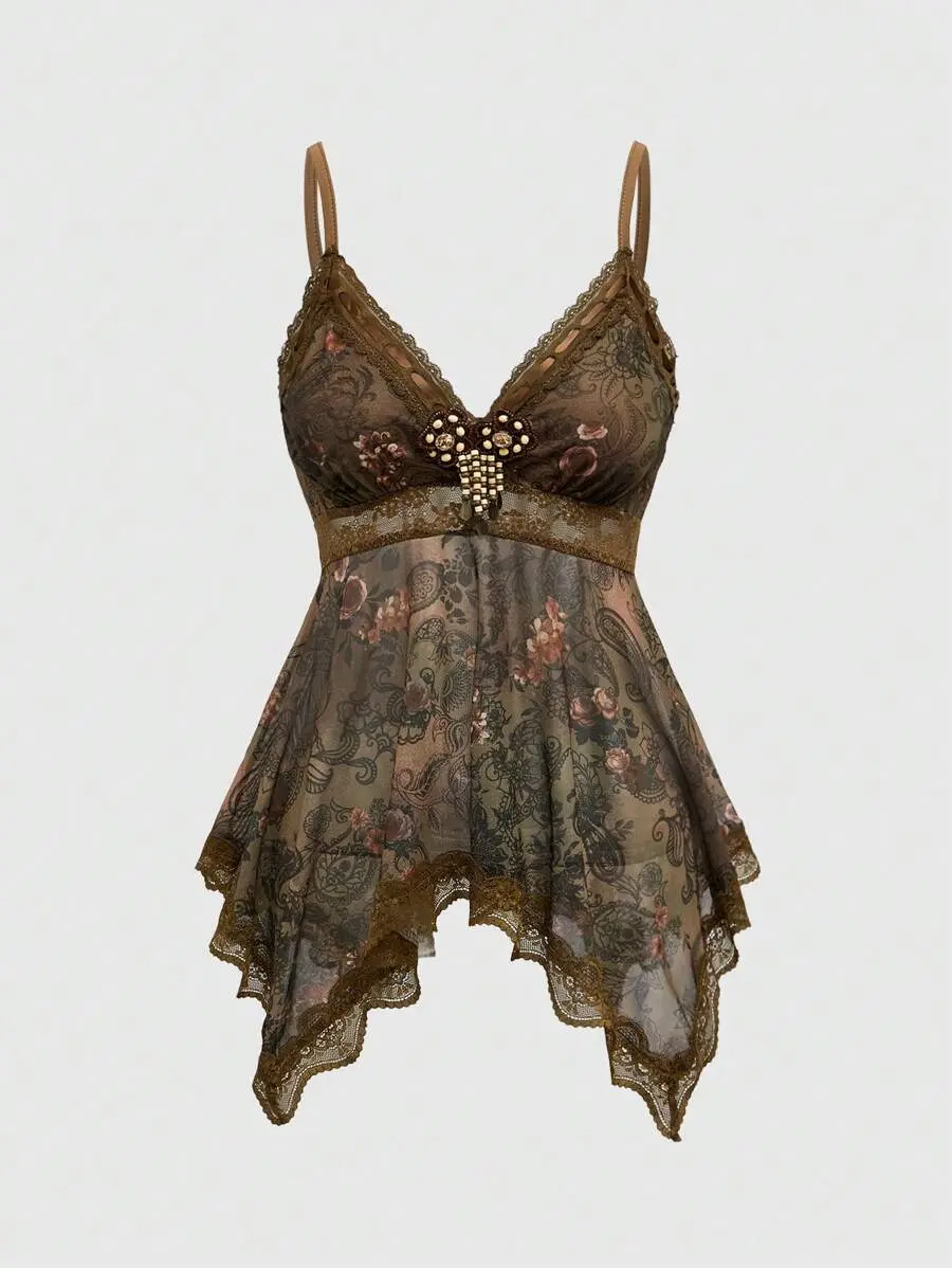 PULSE x Spring/Summer Casual Women's Vintage Hippie Ruffled Ribbon Lace Paisley Print Camisole With Uneven Hemline, Long Length