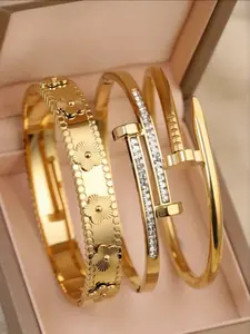 3pcs Fashionable 18k Gold-Plated Stainless Steel Bracelets, Women's Daily Wear, Luxurious Cubic Zirconia Wristbands, Wedding Jewelry Sets