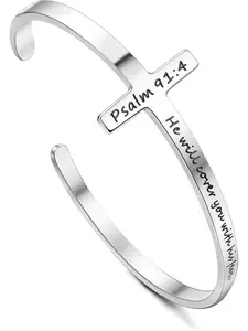 Inspirational Cross Bracelet for Women Stainless Steel Cross Charm Bangle Religious Cuff Bangle Bible Verse Christian Bracelet for Women Engraved Bracelet, Psalm 91:4