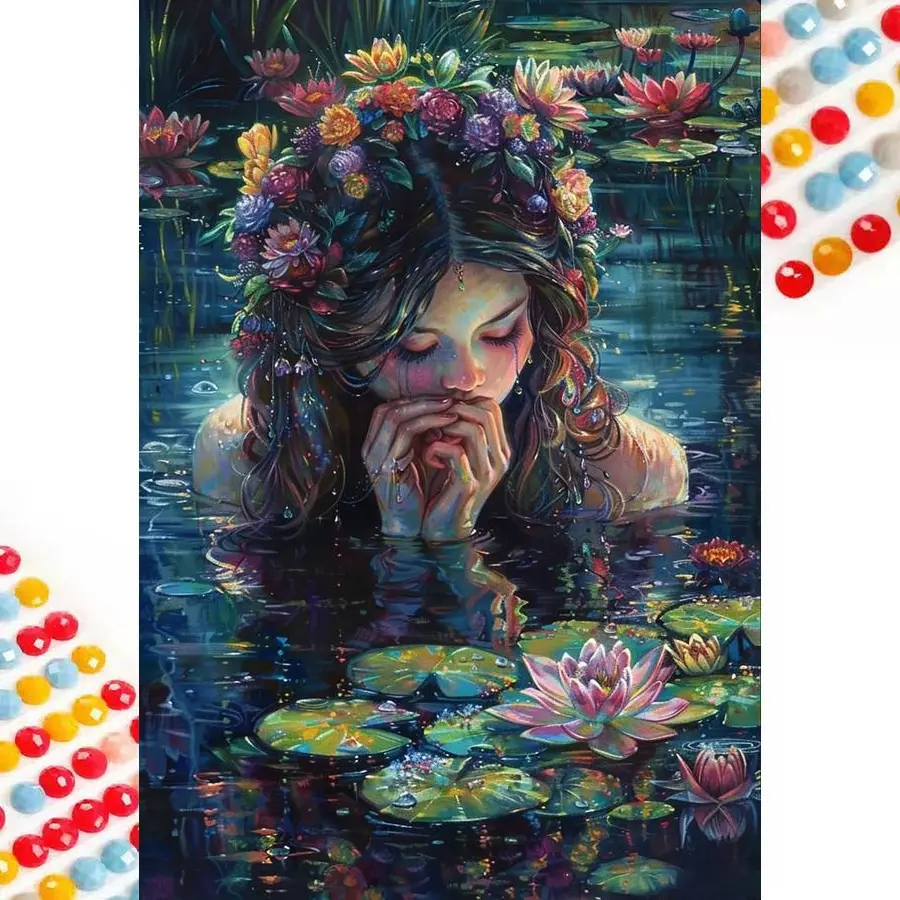 5D diamond painting kit full drill, Water lilies DIY mosaic wall art, beginner craft set (with tools), home wall decoration gift, diamond art kit, Diamond Pattern Design
