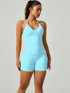 Women's V-Neck Seamless Sports Bra & High-Waisted Yoga Shorts Set, Breathable Gym Running, Comfortable Fitness Wear, Athletic Fashion Activewear