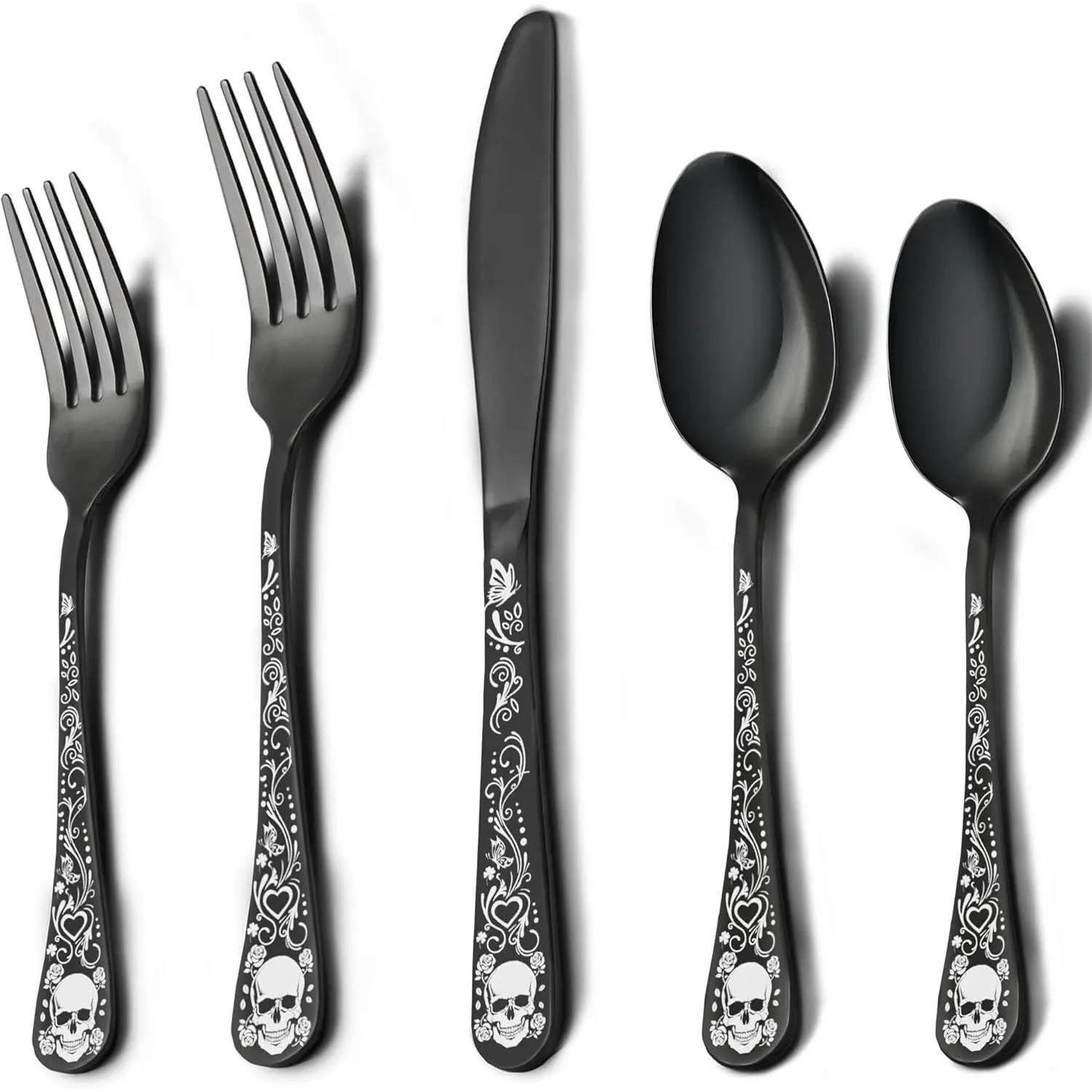 Skull Black Silverware Set for 8, 40-Piece Black Flatware Set, Gothic Skeleton Cutlery for Decoration, Halloween, Party, Gift, Housewarming