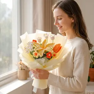 Kedomiu Crochet Flower Bouquet with Greeting Card And Gift Bag, Handmade Artificial Knitted Lilies And Roses, Warm Faux Bouquet for Mother's Day, Wedding, Anniversary, Birthdays, Valentine's Day