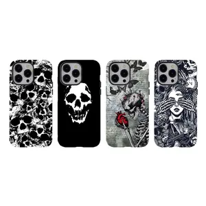 [No magnetic]  Dark Grunge Skull & Skeleton Phone Case,Gothic Tattoo Art Aesthetic durable phone Cover,for iPhone 17 16 15 14 13 12 11 8 7 for Samsung Series,Shockproof Protective Dual-Layer design phone case,trending phone Cover,perfect gift for girl