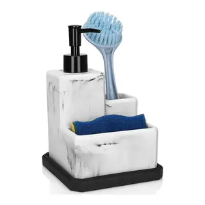 Marble Design Polyresin Kitchen Hand Sink Countertop Hand Soap Dispenser Pump Bottle Caddy Organizer Holder Set with Storage Kitchen Accessories