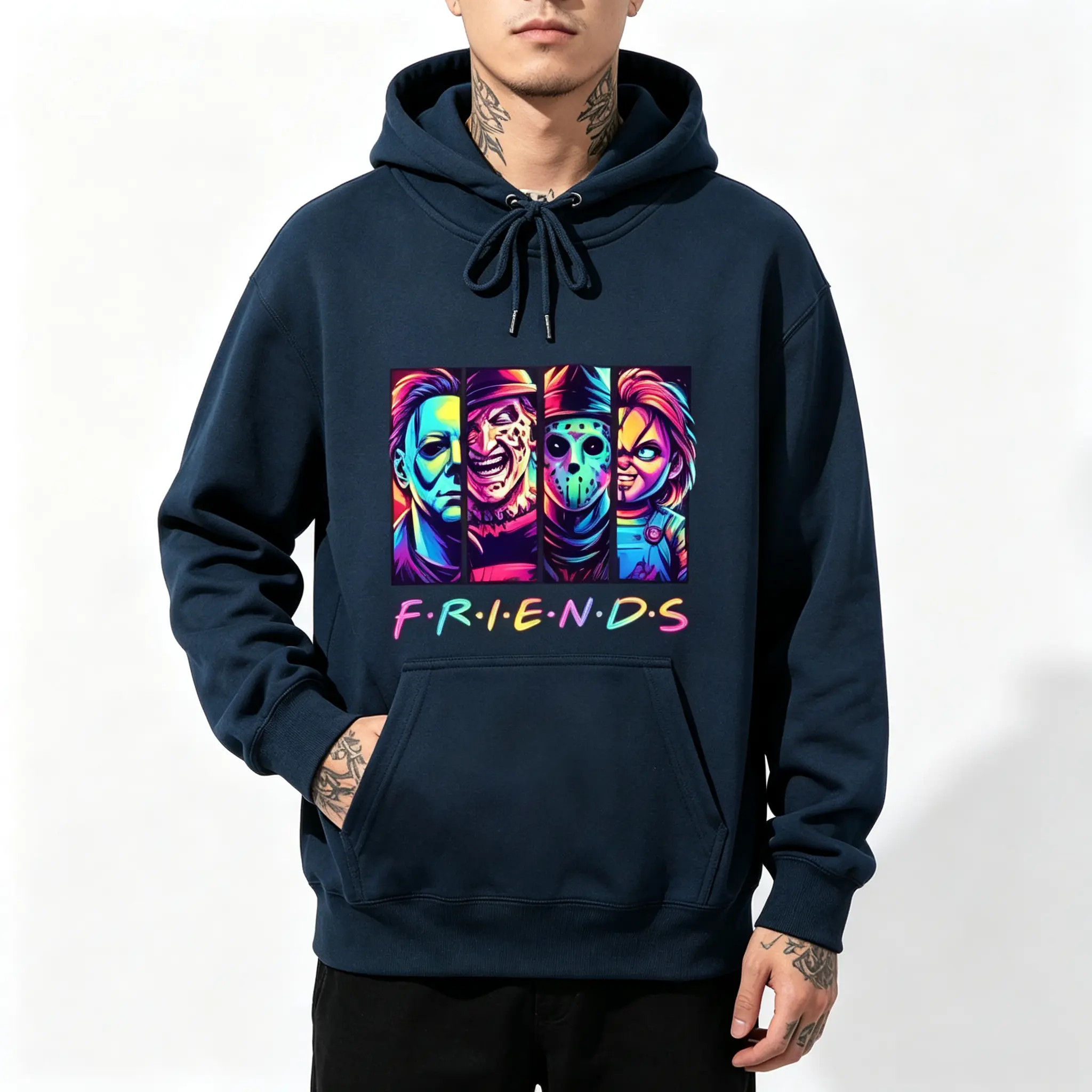 Horror Movie Characters Friends Neon Graphic Hoodie Men Pullover Hooded Sweatshirt Cotton Long Sleeve Casual Streetwear Vintage Spooky Halloween Gift For Horror Movie Fans