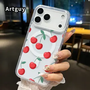 Magnetic Phone Case Supports Wireless Charging for iPhone 17 16  Pro Max Plus 15 14 13 12 11 Air E Cherry Delight Pattern Pattern Non-Yellowing Shockproof Soft Silicone Transparent Acrylic Large Hole Cover