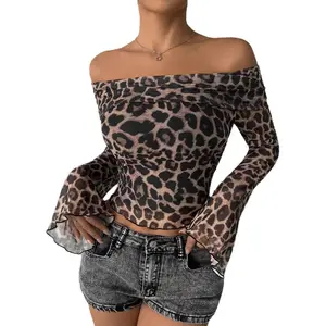 Leopard Print Off Shoulder Long Sleeve Top, Mesh Flare Bell Sleeve Ruched Fitted Going Out Blouse, Y2K Slim Crop Tee Shirt For Women Club Streetwear