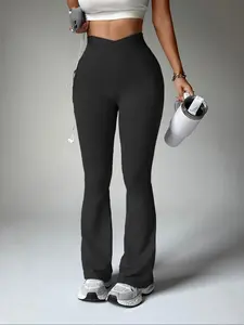 Women's Overlap V Crossover Waistband High Waist Bell Bottom Flare Leggings, Stretchy Workout Leggings, Seamless Tummy Control Comfy Yoga Leggings for Fitness Gym Workout Running, Sports Activewear for All Seasons
