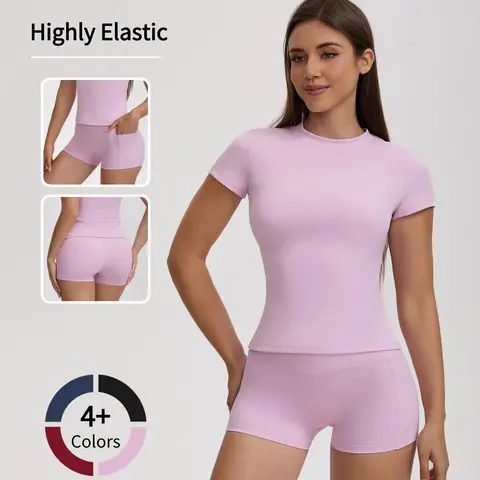 2-Piece Workout Set for Women Breathable T-Shirt & Gym Shorts Tummy Control, Side Pockets, Fast-Drying Fitness Outfit