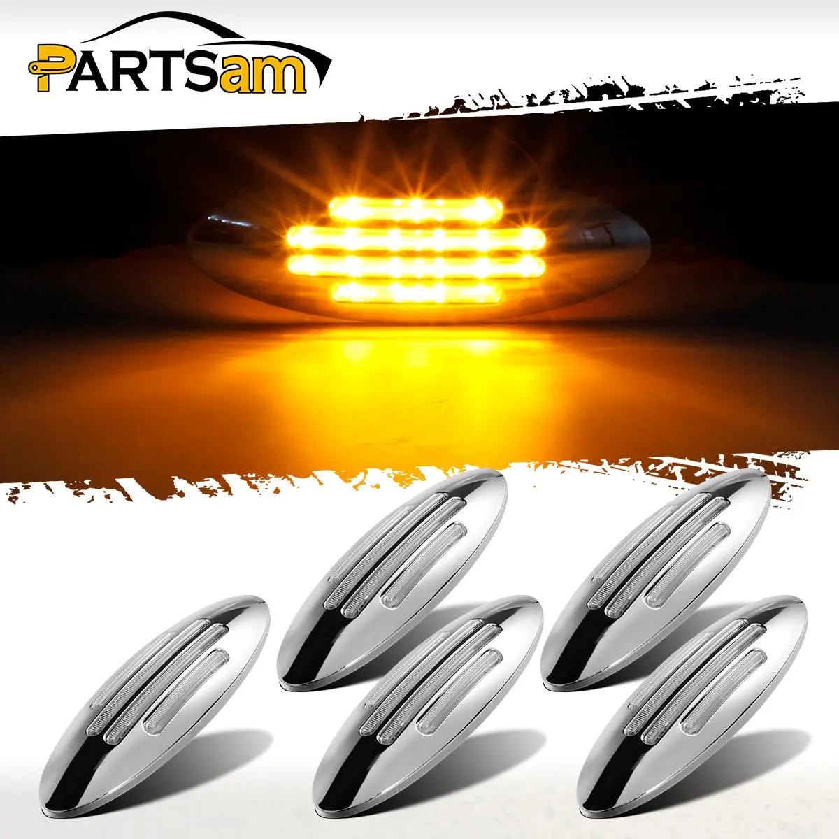 Partsam 5Pcs Flatline Amber Oval Semi Truck 24LED Marker Lights, Clearance Lights Replacement for Freightliner Peterbilt Kenworth