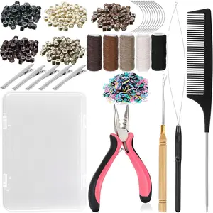 Hair Extension Tools Kit, 500 Silicone Lined Ring Beads,1 Plier, 1 Threader,1 Crochet Hook,10 Curved Hair Needle,5 Hair Clips,5 Rolls Sewing Threads,100 Rubber Bands with Storage Case