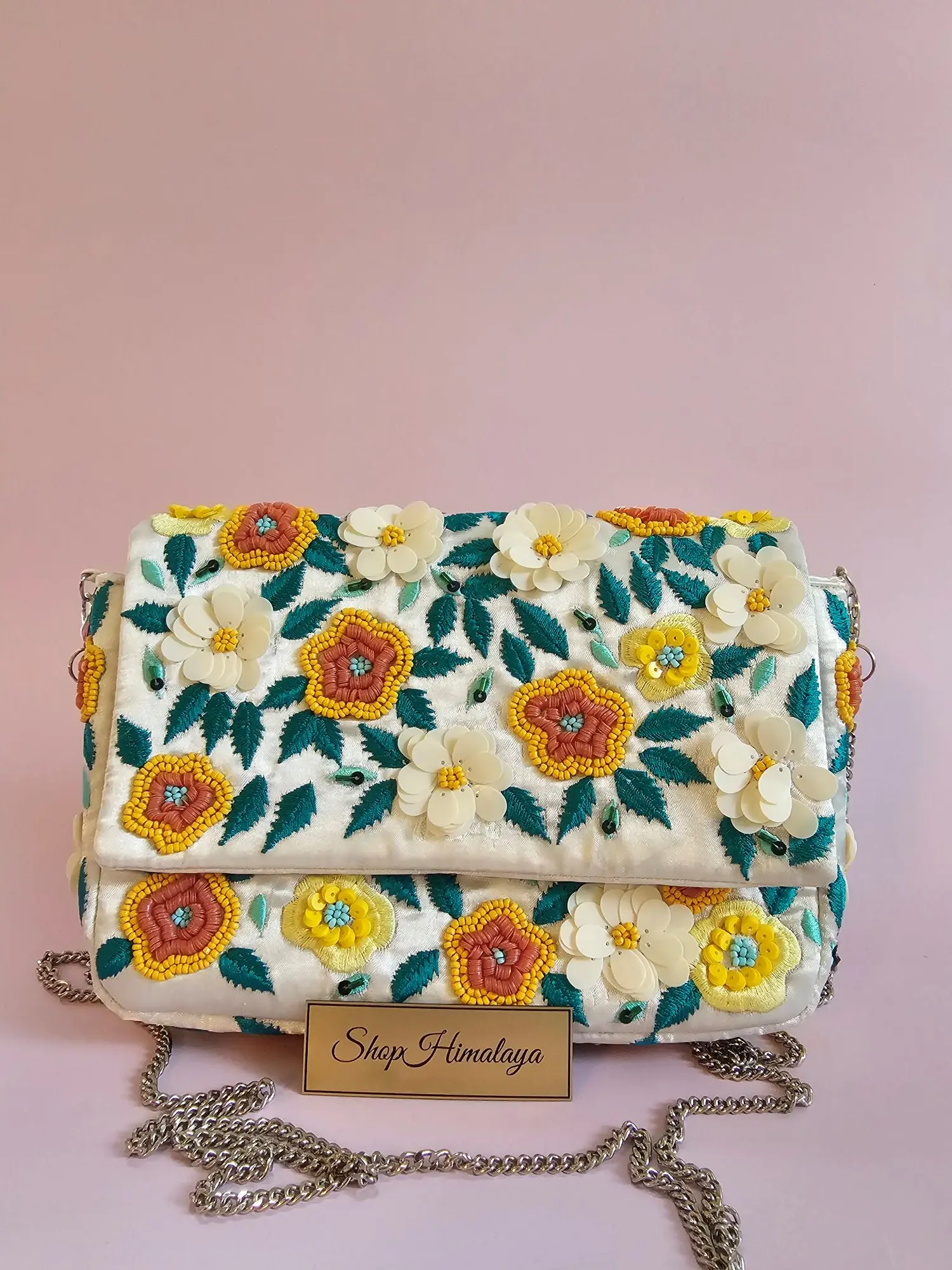 Handmade Floral Beaded Clutch Bag Artisan Embroidered Crossbody Purse with Chain Evening & Wedding Handbag Ivory Canvas Yellow Terracotta Flowers Teal Leaves 3D Delicate White Blossoms