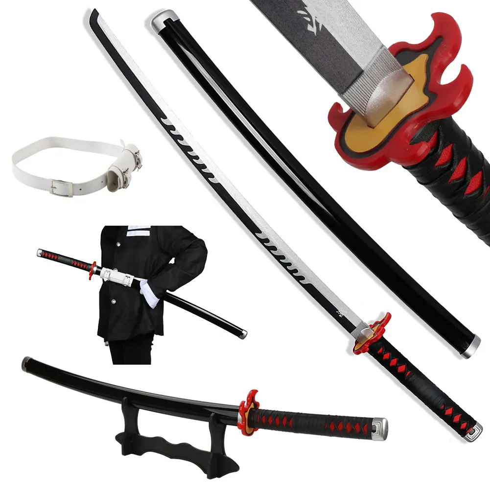 Demon Slayer Tanjiro Katana, 41-Inch Bamboo Wood Blade Cosplay Prop Sword with Belt and Holder Stand for Collection, 1.1Lb