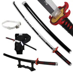 Anime Bamboo Wooden Dull Blade Demon Slayer Sword Cosplay Tanjiro Kagura 41 Inches with Belt & Holder Stand Display for Halloween Cosplay Role Playing Collection