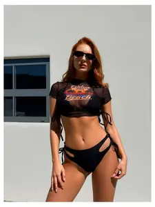 Mesh Bikini Set for Women - Floral Beach Swimsuit Two Piece - Sexy See Through Bathing Suit - Padded Push Up Halter Top with High Waist Bottom - Summer Pool Party Swimwear