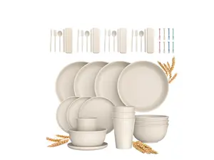 48 Pcs Wheat Straw Dinnerware Sets For 4, Unbreakable Dinnerware Sets, Reusable Wheat Straw Plates and Bowls Sets, Travel Camping Cutlery Set, Dishwasher Microwave Safe Dinnerware, Beige