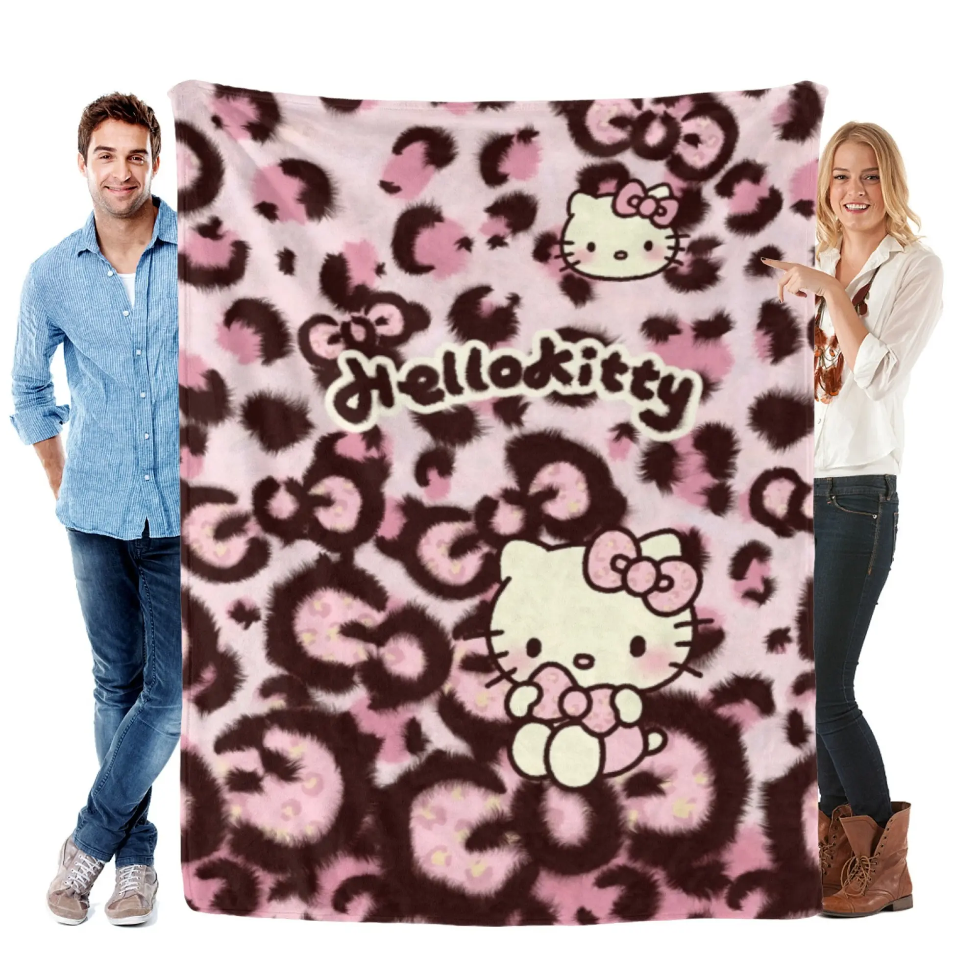 [SummerVibes] SANRIO Hello Kitty Pink Leopard Flannel Blanket - Soft 2D Cartoon Fleece Throw for Sofa, Bed, Aesthetic Room Decor & Gifts