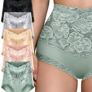 Women's High-Waist Tummy Control Panties 5-Pack - Floral Lace, Solid Color, Soft Cotton, Comfortable Daily Underwear