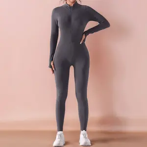 Long Sleeve Ribbed Jumpsuit with Zipper, Butt Lift for Fall/Winter, Machine Washable, Suitable for Daily wear, Outdoor Sports and Yoga