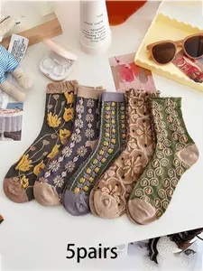 5 pairs of relief floral mid tube socks with retro style, comfortable and breathable casual socks suitable for women to wear at home, Breathable Soft Socks, Breathable Fabric Socks