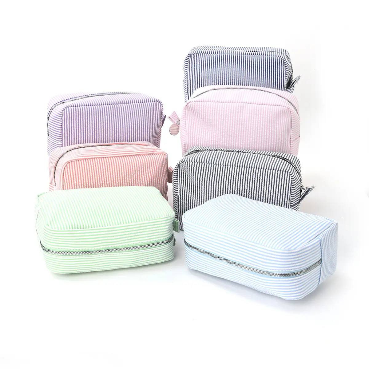 Pastel Seersucker Striped Makeup Bag, Preppy Aesthetic Travel Cosmetic Pouch, Portable Zippered Toiletry Organizer, Lightweight Storage Bag for Vacation Bathroom College Daily Use