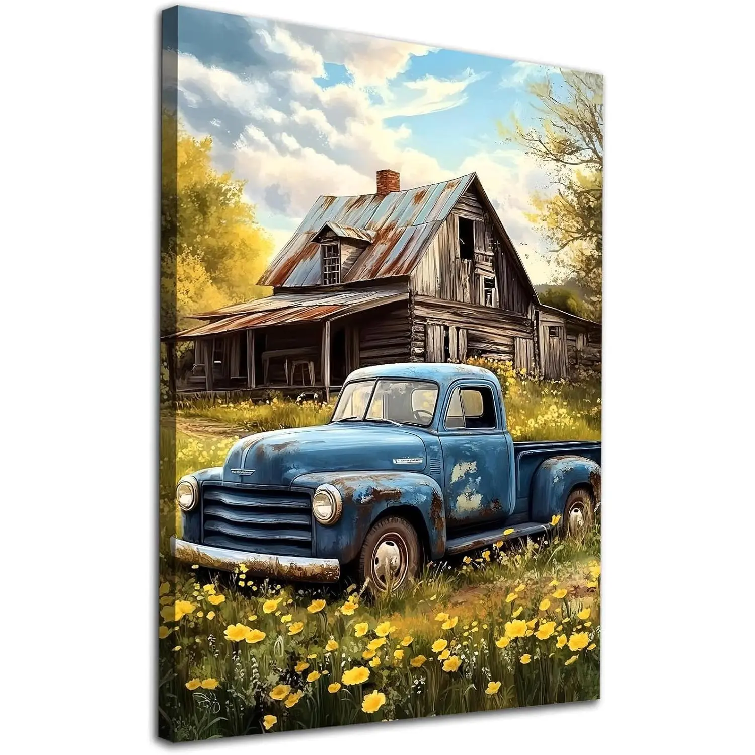 Modern Canvas - Blue Truck Canvas Wall Art Blue Truck Canvas Rustic Farmhouse Painting Old Barn Posters Vintage Truck Wall Art Old Painting Truck Canvas Art for Room 16x24in Unframed Decor Gifts Colorful Ornaments Decoration Artistic