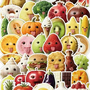 53 Fun Food Stickers—featuring comical expressions and playful poses—are fully customizable and crafted from waterproof vinyl. Perfect for decorating refrigerators and lunchboxes, they are sure to bring joy and laughter.