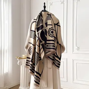 Winter Travel Faux Cashmere Scarf for Women Thick Warm with Cashew and Geometric Stripes Fashionable Luxurious Blanket Scarf