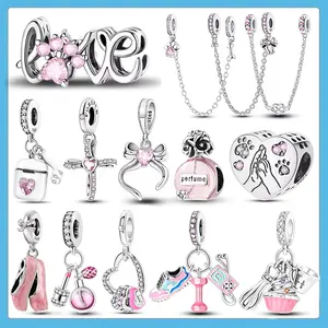 925 Sterling Silver Pink Series Charms Bow Tie Girl Cake Princess Beads Pendant Fit Original Bracelet DIY Jewelry Gift For Woman