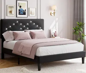 Queen Bed Frame Upholstered Platform Bed with Button Tufted Headboard and Under Bed Storage Space Sturdy Wooden Slats Support No Box Spring Needed Noise Free and Easy Assembly Black Bedroom Bedframe Bedroom Furniture