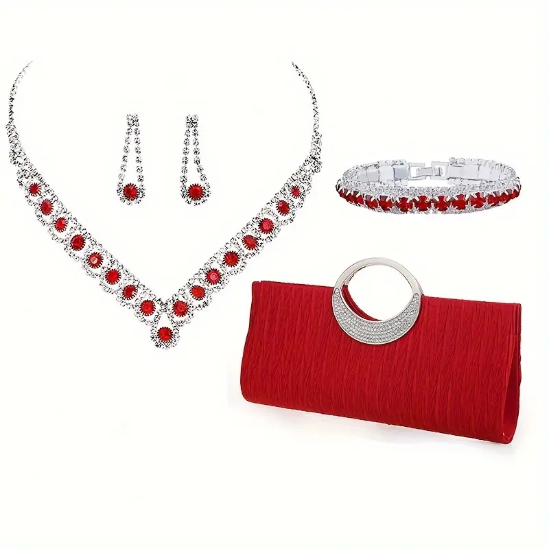 4 pcs/set Elegant Jewelry handbag set Women Banquet Set Accessories Party Dress Up Bag Necklace Bracelet Earring Set Banquets Special Occasions